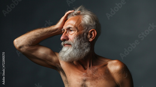 Shirtless senior man touching head