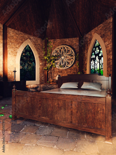 Fantasy scene showing a medieval bedroom with fancy windows, green ivy and candles. Made from 3d elements and painted parts. No AI used. The image is not a real place  - it's a set of 3d objects.