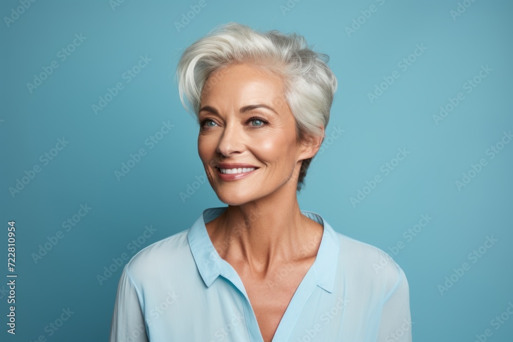 Portrait of smiling mature woman looking at camera on blue background. Portrait of smiling mature woman looking at camera on blue background.