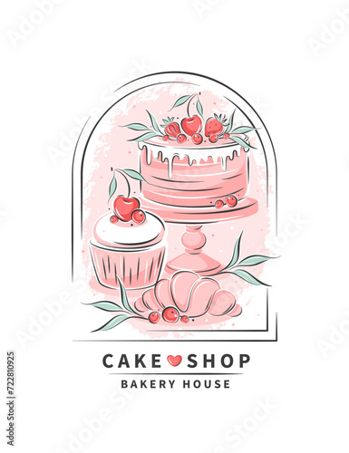Desserts, pastry dishes, cake, cupcake,сroissant. Cake shop. Vector illustration for menu, recipe book, baking shop, cafe.