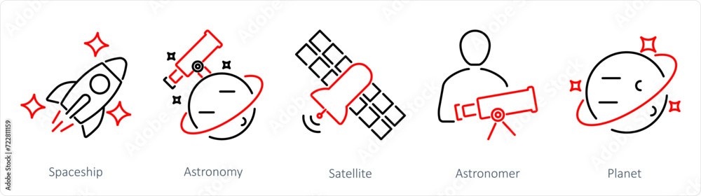 A set of 5 Astronomy icons as spaceship, astronomy, satellite
