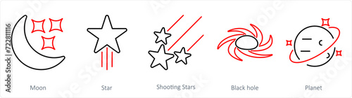 A set of 5 Astronomy icons as moon, star, shooting stars