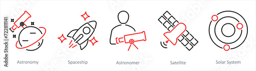 A set of 5 Astronomy icons as astronomy, spaceship, astronomer