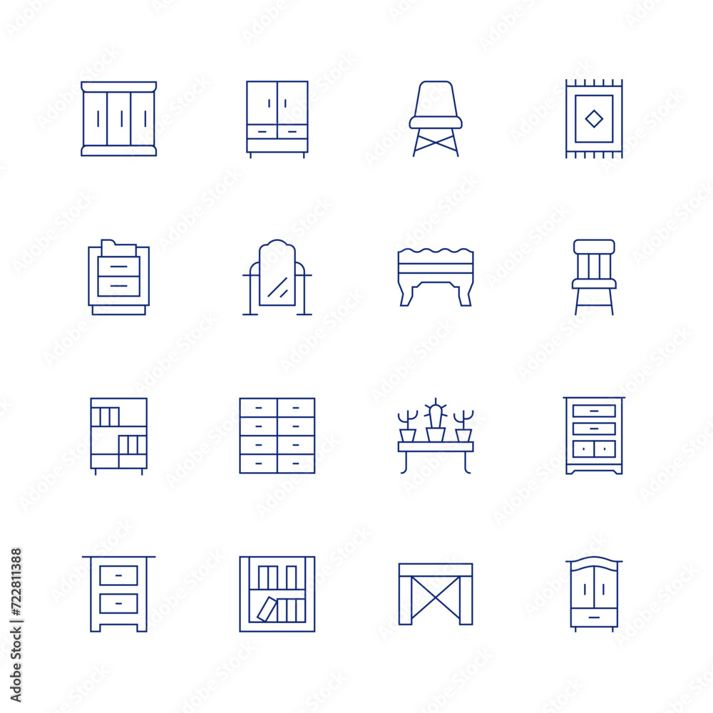 Furniture line icon set on transparent background with editable stroke. Containing cupboard, filecabinet, bookshelf, bedsidetable, wardrobe, mirror, cabinet, chair, ottoman, plantpot, table, carpet.