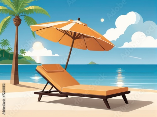 a landscape with a chaise lounge or sun lounger, a palm tree on the beach by ai generated © SR Creative Idea