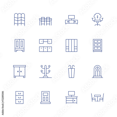 Furniture line icon set on transparent background with editable stroke. Containing divider, closet, cabinet, table, kitchen, clothesrack, door, umbrellastand, desk, chair, drawers, dinnertable.