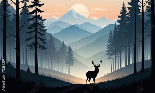 A morning mountain landscape adorned with deer and a lush forest by ai generated photo