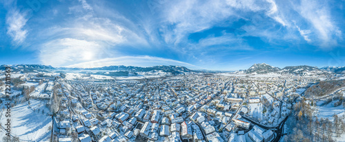 Die oberallgäuer Kreisstadt Sonthofen im Winter im Luftbild, 360 Grad Rundblick photo