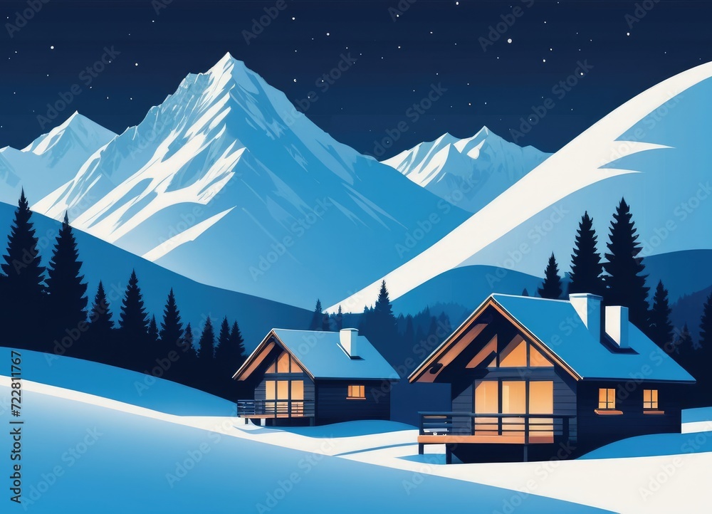 A night landscape in the winter mountains, adorned with chalet houses by ai generated