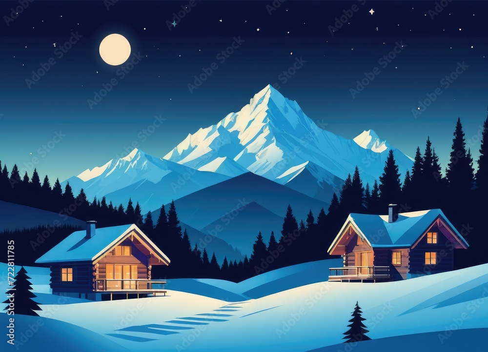Fototapeta premium A night landscape in the winter mountains, adorned with chalet houses by ai generated