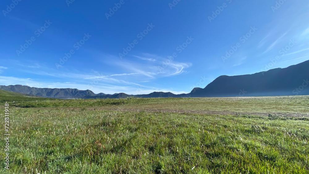 Fototapeta premium Picture of field in the mountain with blue sky in Bromo Indonesia