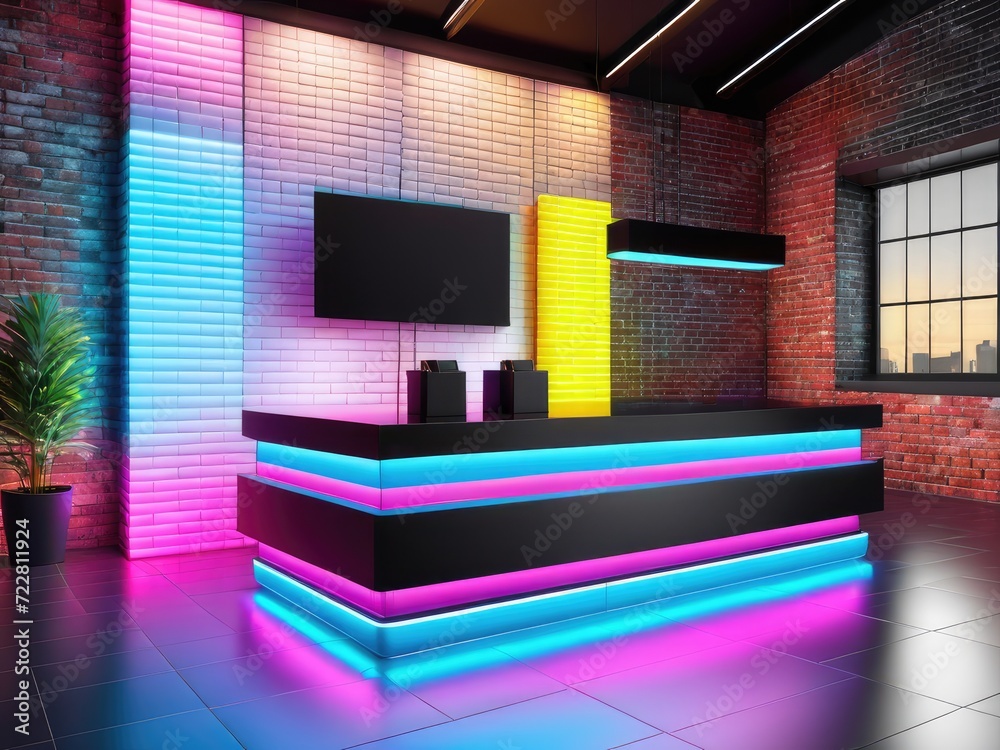 A product stand with blank space illuminated by neon lights by ai generated A product stand with blank space illuminated by neon lights by ai generated