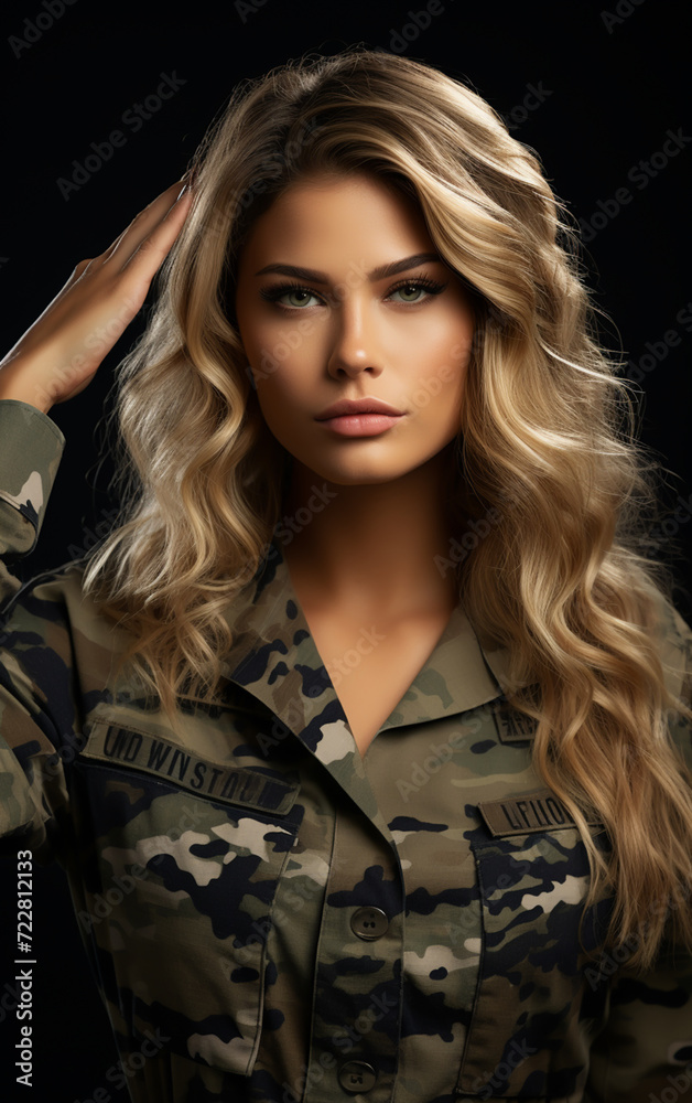 Young military woman pictured in front of US flag, horizontal Young military woman pictured in front of US flag, horizontal