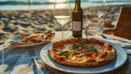 A Slice of the Mediterranean: Italian Pizza and Wine on a Sunny Beach