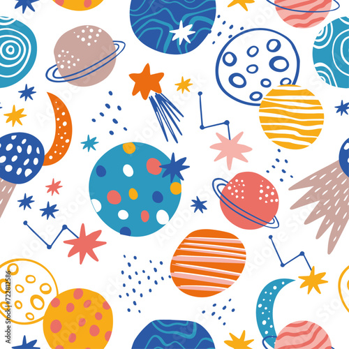 cute space pattern on the white background with bright planets for kids © Naticuteart