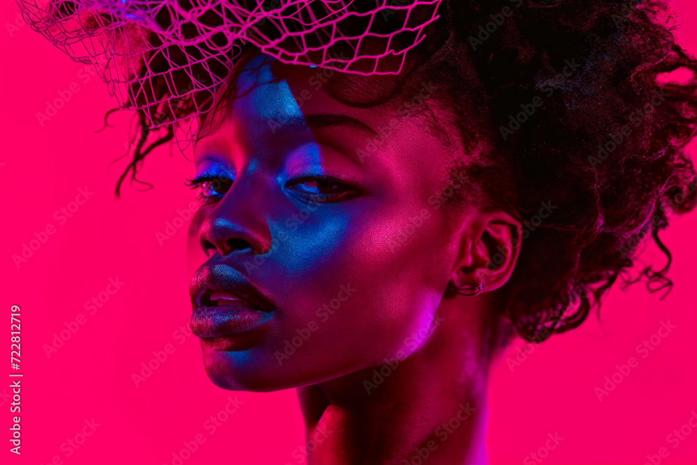 Fashion portrait of African woman with netted hat in pink and blue neon lighting Fashion portrait of African woman with netted hat in pink and blue neon lighting