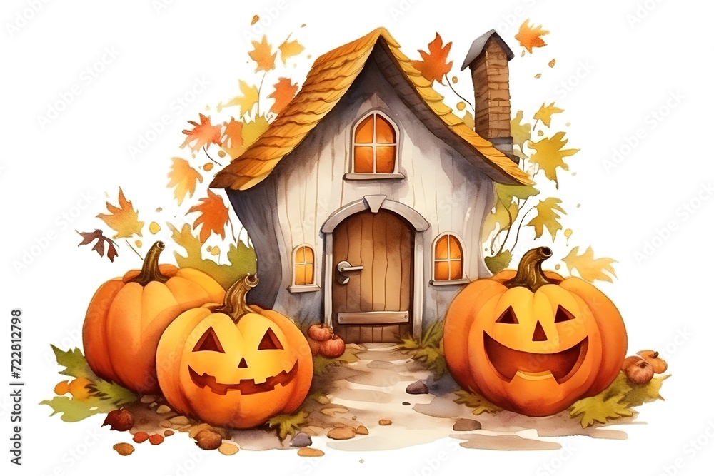 Halloween house with pumpkins and autumn leaves. Watercolor illustration Halloween house with pumpkins and autumn leaves. Watercolor illustration