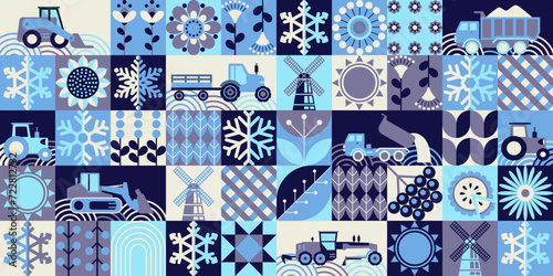 Winter pattern. A large set. Simple geometric shapes. Textile background of snow removal equipment, snowflakes, frost, cold, pies, winter berries and flowers.