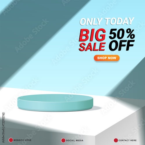 big sale discount template banner with copy space 3d podium for product sale with abstract gradient blue background design