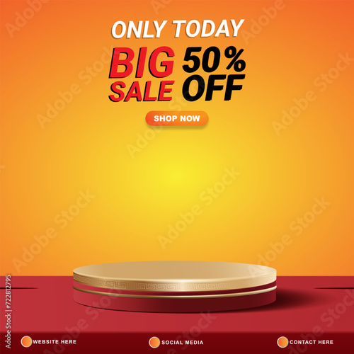 big sale discount template banner with copy space 3d podium for product sale with abstract gradient orange and yellow background design