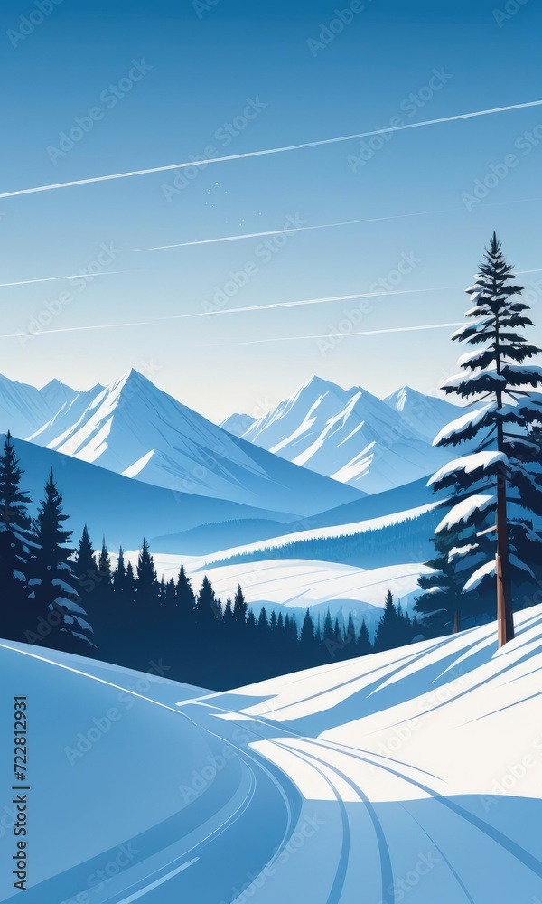 Fototapeta premium A winter landscape featuring towering mountains on the horizon, snow-covered plains by ai generated