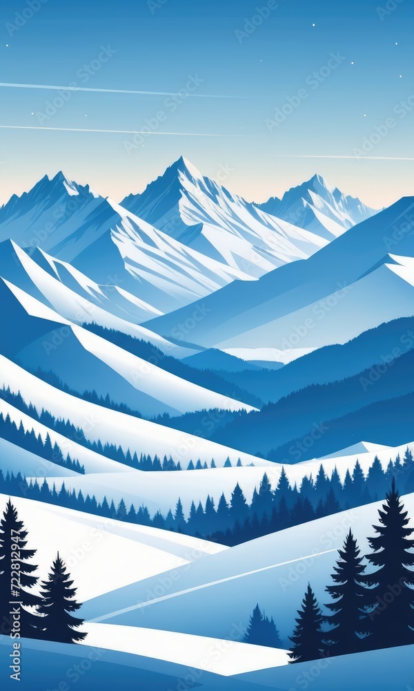 Fototapeta premium A winter landscape featuring towering mountains on the horizon, snow-covered plains by ai generated