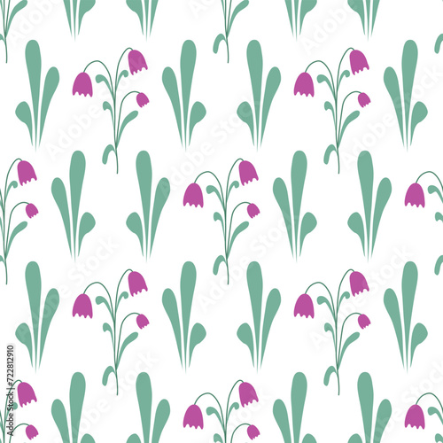 Spring primroses bells seamless pattern. Floral background with hand drawn simple crocuses and herbs. Botanical rustic print for textile, paper, spring and summer design, vector illustration