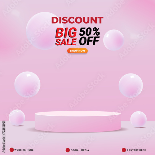 big sale discount template banner with copy space 3d podium for product sale with abstract gradient pink and white background design