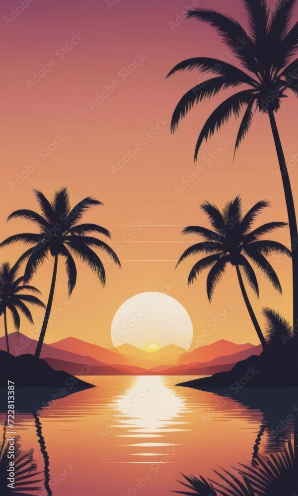 As the sun sets, palm trees silhouette against the warm hues of the sky by ai generated