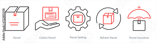 A set of 5 Mix icons as parcel, collect parcel, parcel setting