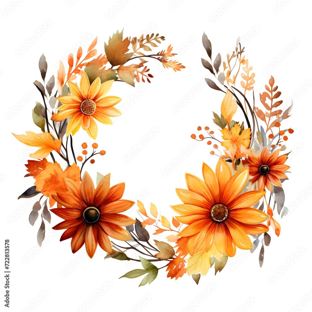 Beautiful vector watercolor autumn wreath with orange flowers and leaves