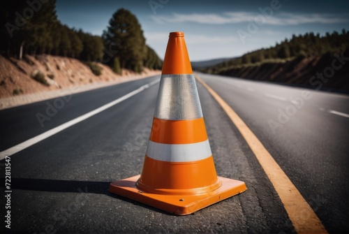 Capture the essence of urban caution with a close-up shot featuring an orange traffic cone strategically placed on the road  photo
