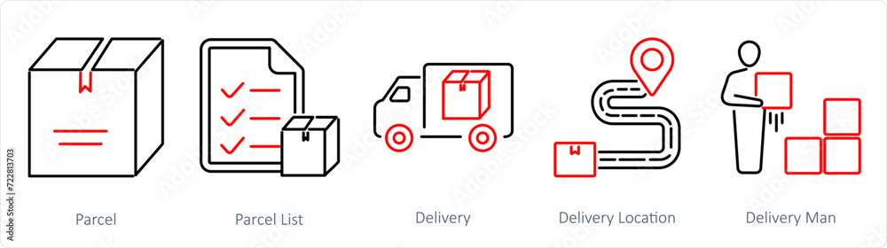 A set of 5 Mix icons as parcel, parcel list, delivery A set of 5 Mix icons as parcel, parcel list, delivery