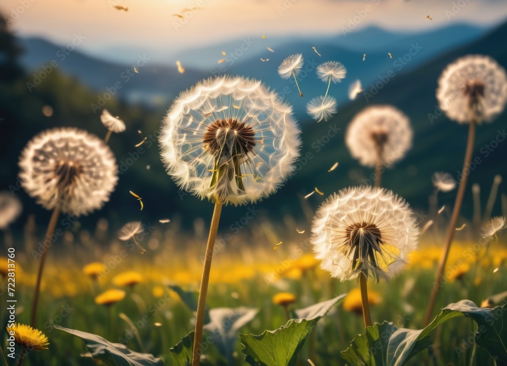 Dandelions drifting in the breeze against a blurred background by ai generated