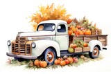 Vintage truck with pumpkins. Watercolor illustration isolated on white background