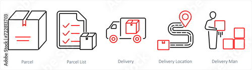 A set of 5 Mix icons as parcel, parcel list, delivery 