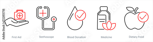 A set of 5 Mix icons as first aid, stethoscope, blood donation