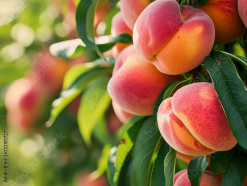 Juicy peaches hanging from the tree, with a soft fuzz on their skin.
