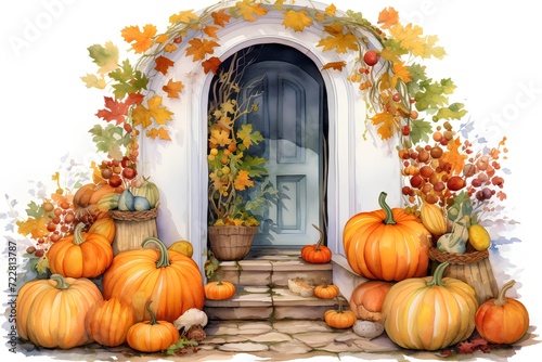 Watercolor illustration of a door with pumpkins and autumn leaves.