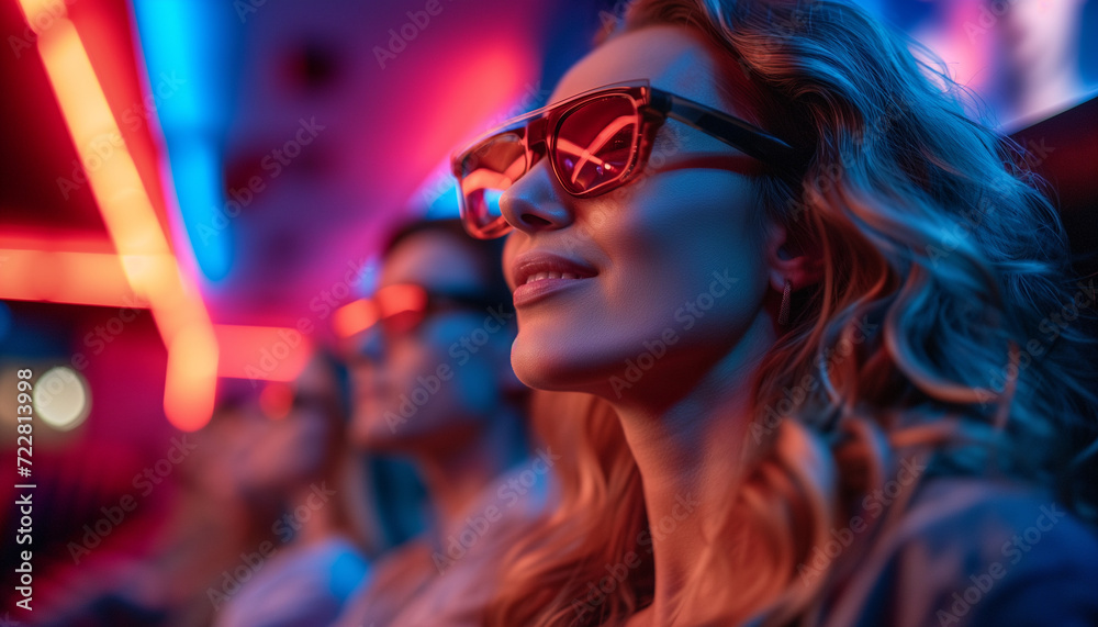 Side view of a woman in 3D glasses with friends, family enjoying a concert, movie, theatrical performance with happy smiling face