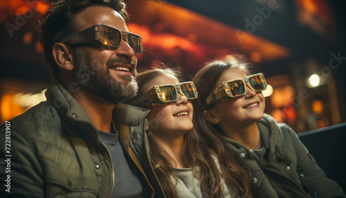 Side view of family in glasses , father and two daughters enjoying a concert, movie, theatrical performance with happy smiling face. Theatre, Fathers day