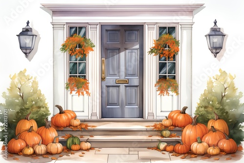 Illustration of a front door with pumpkins and lanterns. photo