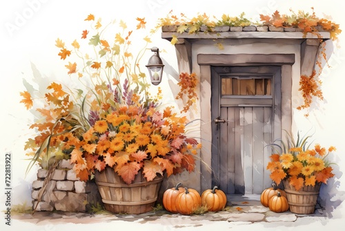 Watercolor autumn landscape with pumpkins in a basket, vintage wooden door.
