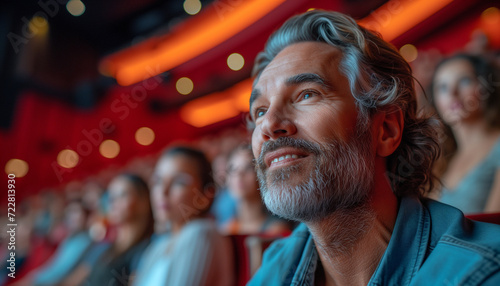 Side view of a bearded man enjoying a concert, movie, theatrical performance with happy smiling face