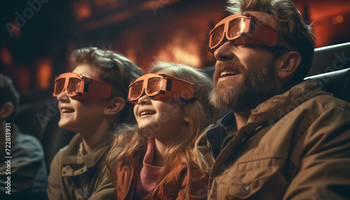 Side view of family in glasses , father and two children enjoying a concert, movie, theatrical performance with happy smiling face. Theatre, Fathers day
