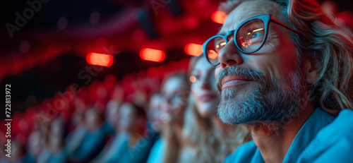 Side view of a bearded man in 3D glasses with friends, family enjoying a concert, movie, theatrical performance with happy smiling face