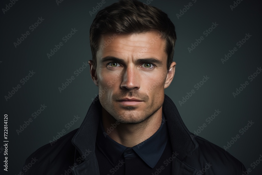 Portrait of a handsome man in a black jacket. Men's beauty, fashion.