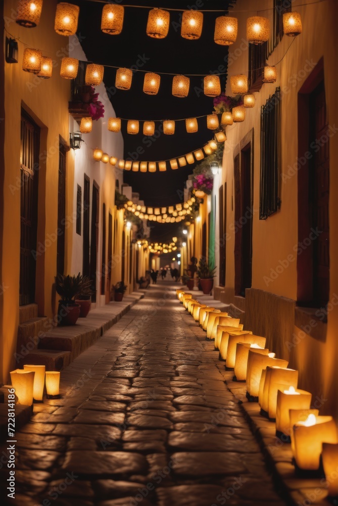 Obraz premium a charming Mexican street, creating a magical ambiance in the night by ai generated