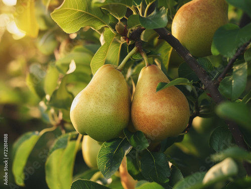 Sun-kissed pears dangle amongst the green foliage in an orchard.