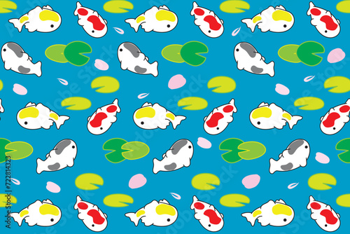 Illustration pattern of koi fish with lotus leaf and petal fall on blue background.